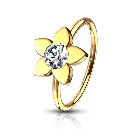 Piercing nez anneau pliable  doré fleur strass blanc