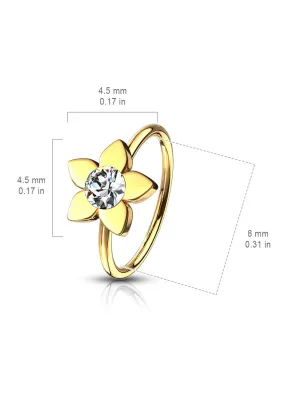 Piercing nez anneau pliable  doré fleur strass blanc