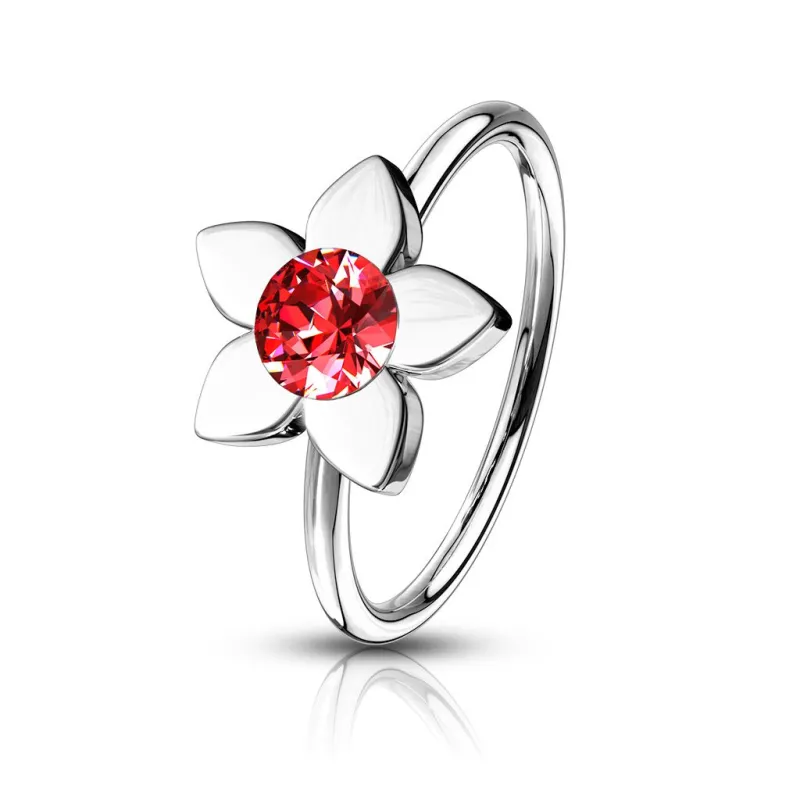 Piercing nez anneau pliable fleur strass rouge