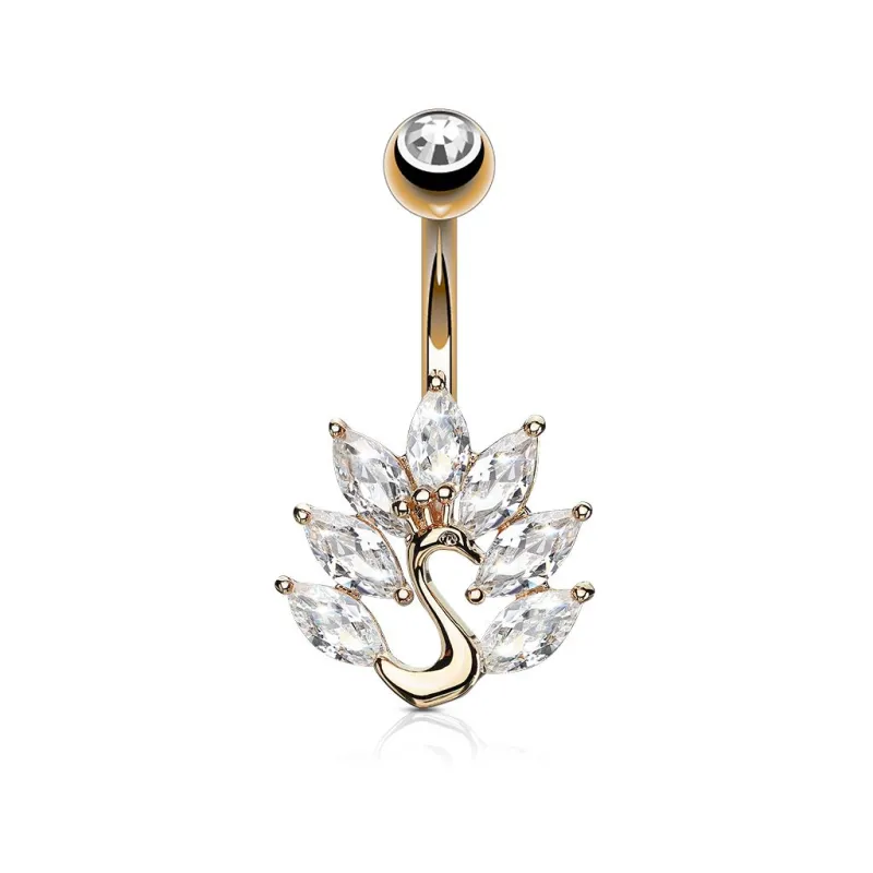 Piercing nombril plaqué or rose paon zirconium blanc