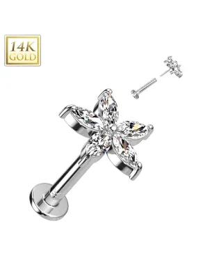 Piercing labret oreille or blanc 14 carats fleur pétales