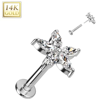 Piercing labret oreille or blanc 14 carats fleur pétales