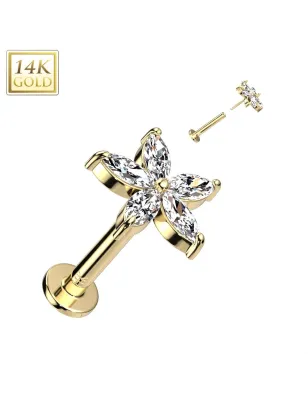 Piercing labret oreille or jaune 14 carats fleur pétales