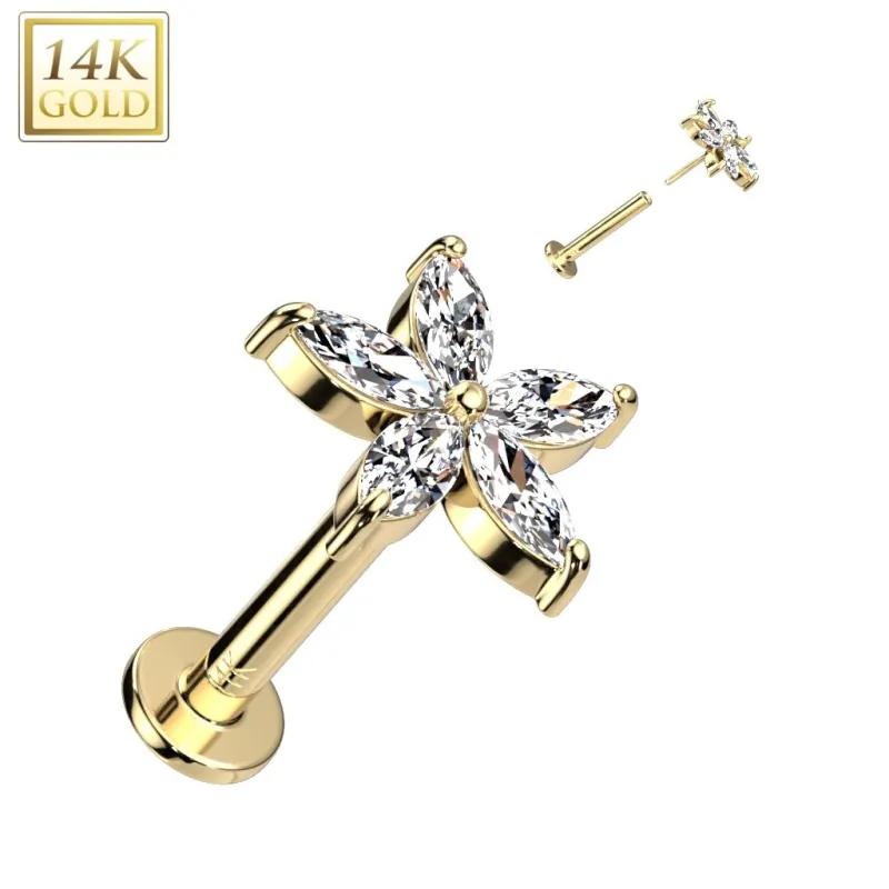 Piercing labret oreille or jaune 14 carats fleur pétales