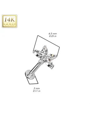 Piercing labret oreille or blanc 14 carats fleur pétales