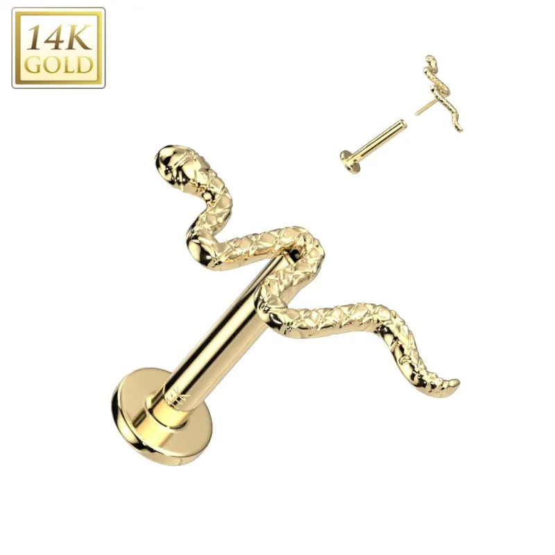 Piercing labret oreille or jaune 14 carats serpent