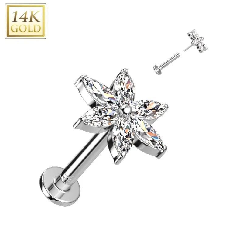 Piercing labret oreille or blanc 14 carats fleur 6 pétales