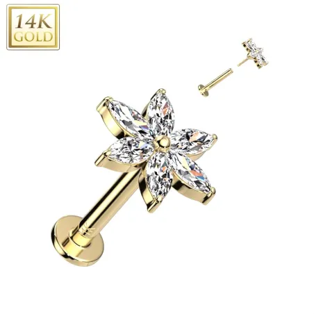 Piercing labret oreille or jaune 14 carats fleur 6 pétales