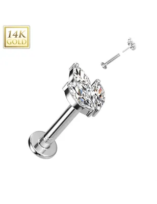 Piercing labret oreille or blanc 14 carats feuille