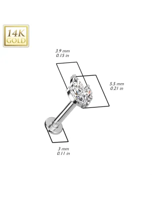 Piercing labret oreille or blanc 14 carats feuille