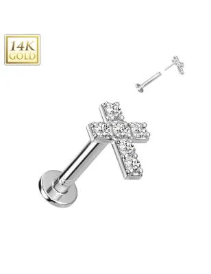 Piercing labret oreille or blanc 14 carats croix