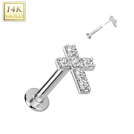 Piercing labret oreille or blanc 14 carats croix