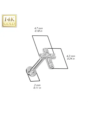 Piercing labret oreille or blanc 14 carats croix