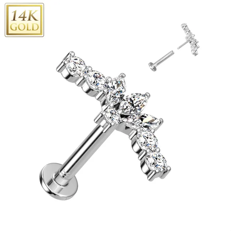 Piercing labret oreille or blanc 14 carats éventail