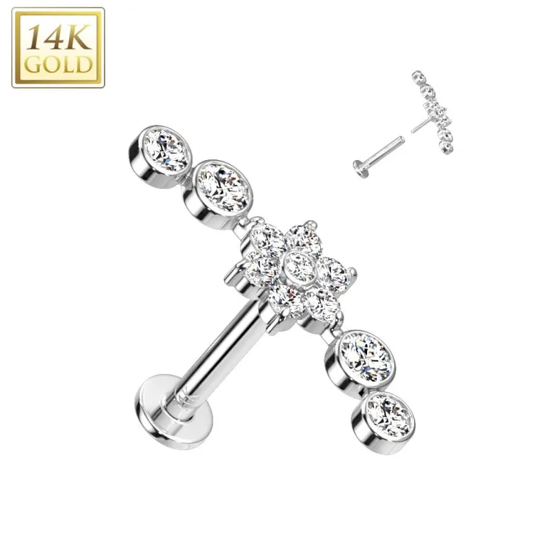 Piercing labret oreille or blanc 14 carats fleur et zircons