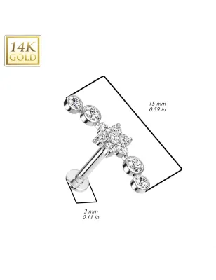 Piercing labret oreille or blanc 14 carats fleur et zircons