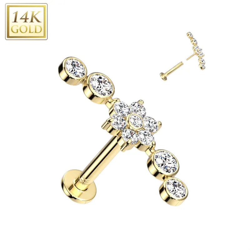 Piercing labret oreille or jaune 14 carats fleur et zircons