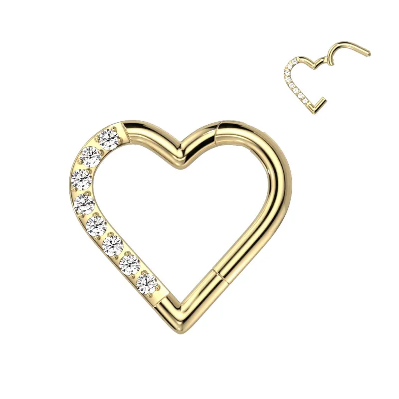 Piercing oreille anneau segment titane G23 coeur pavé doré