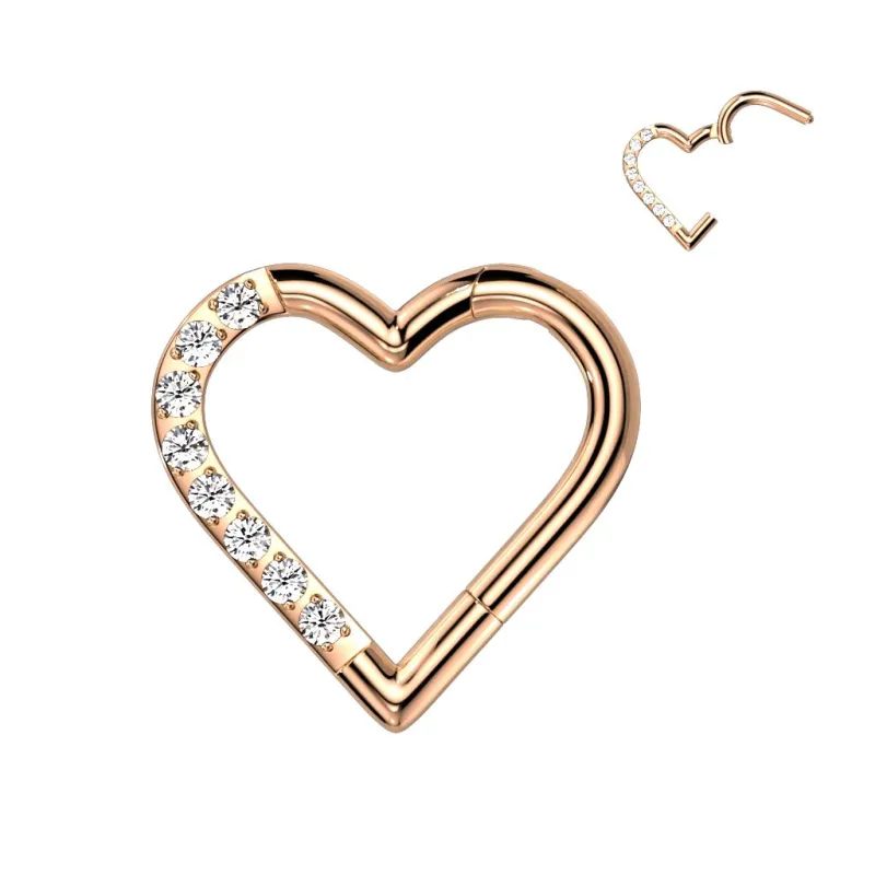 Piercing oreille anneau segment titane G23 coeur pavé rosé