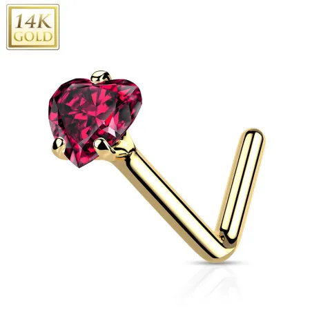 Piercing nez Or jaune 14 carats coeur rouge tige en L