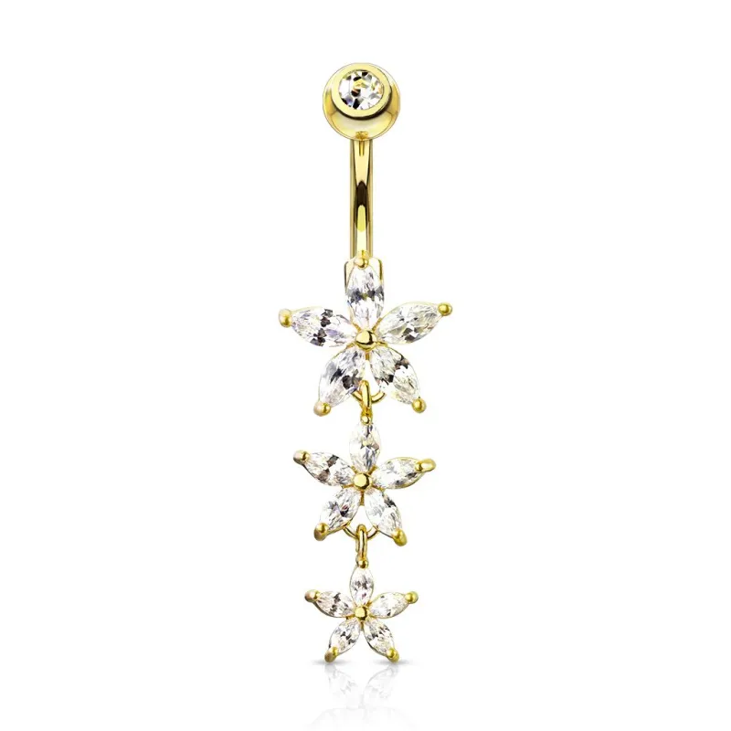 Piercing nombril pendentif triple fleur marquise plaqué or