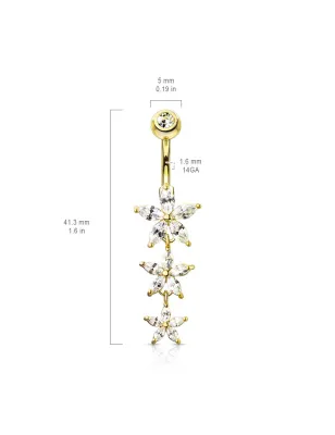 Piercing nombril pendentif triple fleur marquise plaqué or