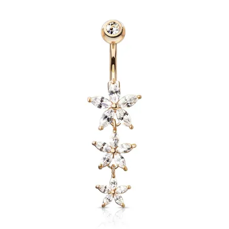 Piercing nombril pendentif triple fleur marquise plaqué or rose