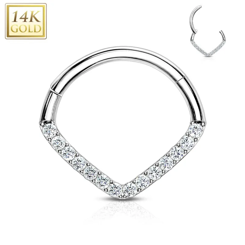 Piercing anneau or blanc 14 carats septum daith chevron zircon