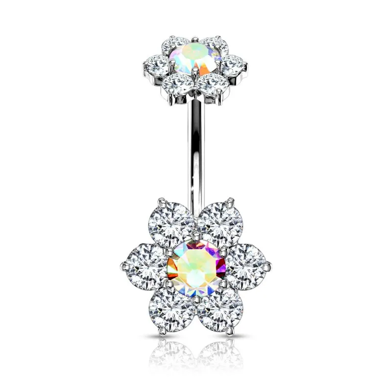 Piercing nombril double fleur zircon aurore boréale