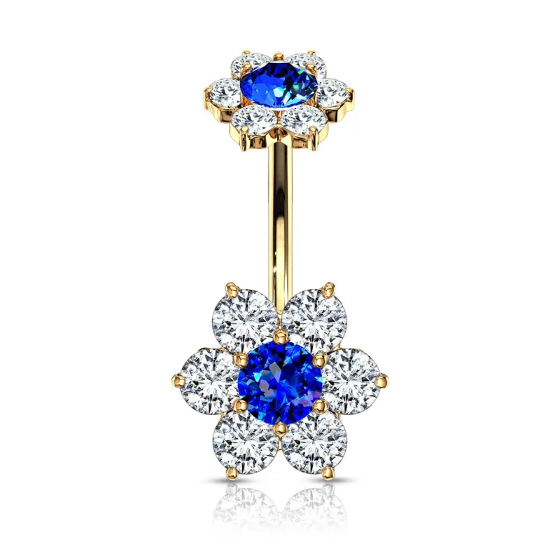 Piercing nombril double fleur zircon bleu plaqué or