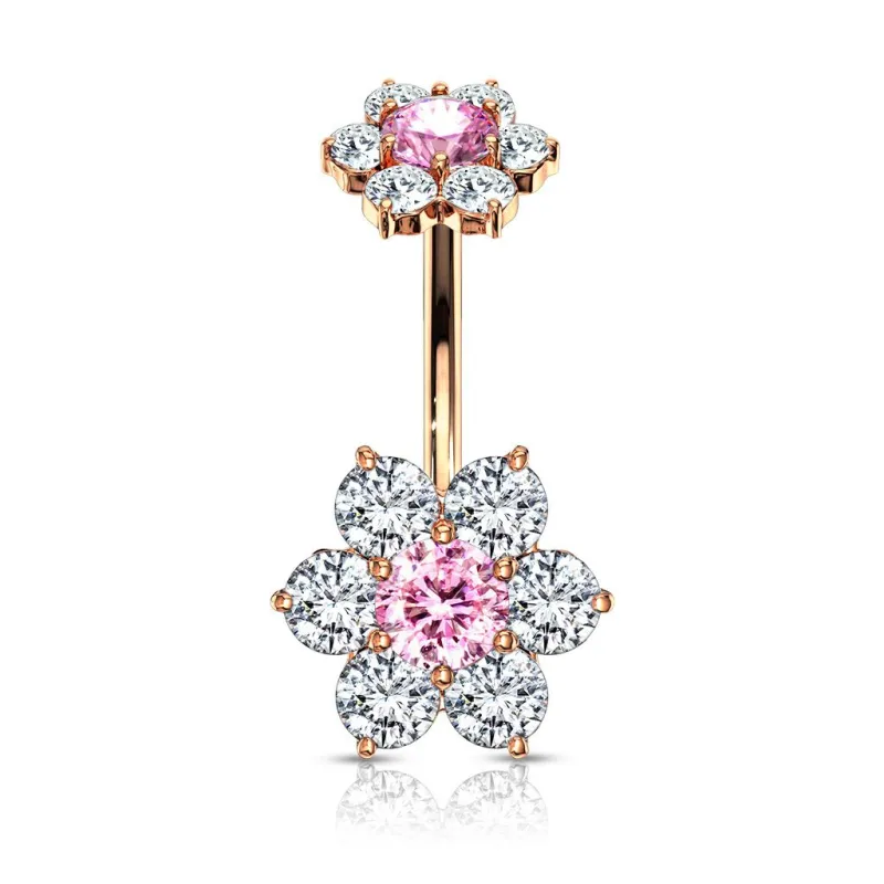 Piercing nombril double fleur zircon plaqué or rose