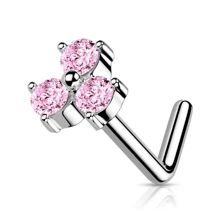 Piercing nez tige en L trois cristaux roses