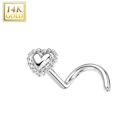 Piercing nez or blanc 14 carats tige tire-bouchon coeur perlé