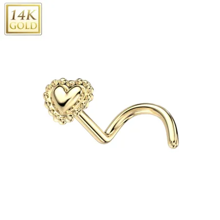 Piercing nez or jaune 14 carats tige tire-bouchon coeur perlé