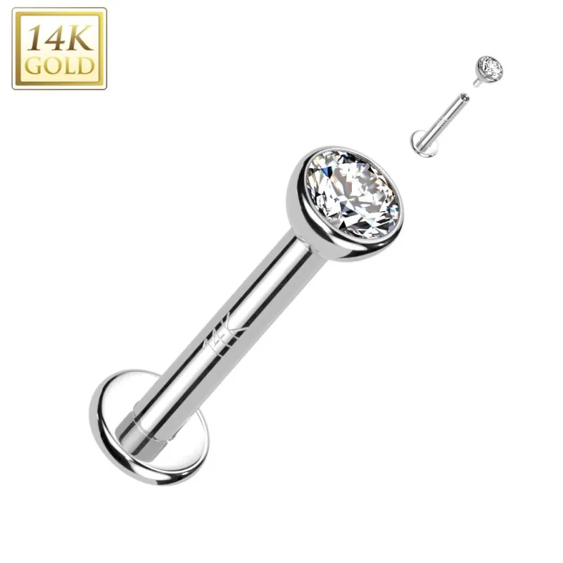 Piercing labret oreille or blanc 14 carats vissage interne zircon