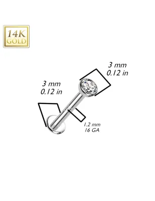 Piercing labret oreille or blanc 14 carats vissage interne zircon