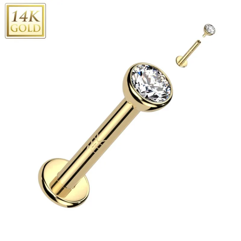 Piercing labret oreille or jaune 14 carats vissage interne zircon