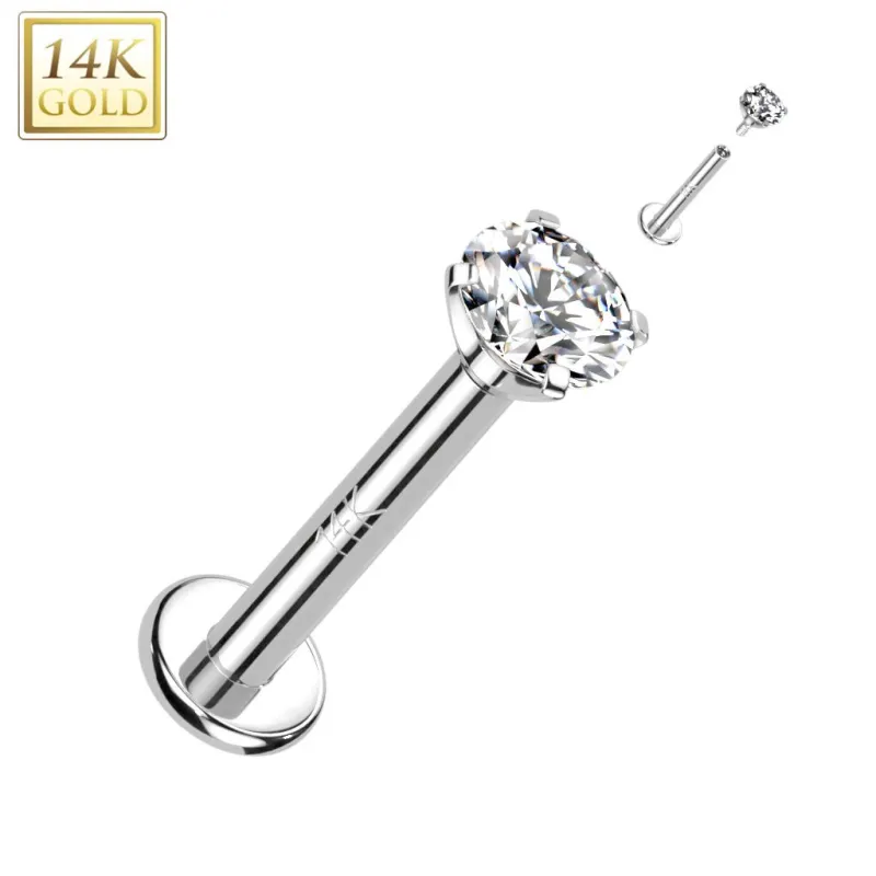 Piercing labret oreille or blanc 14 carats vissage interne zircon griffes