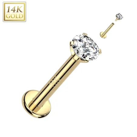 Piercing labret oreille or jaune 14 carats vissage interne zircon griffes