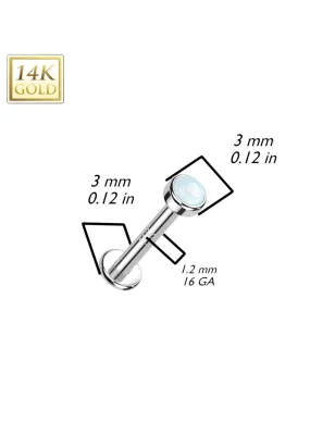 Piercing labret oreille or blanc 14 carats vissage interne opaline