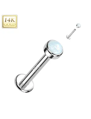 Piercing labret oreille or blanc 14 carats vissage interne opaline