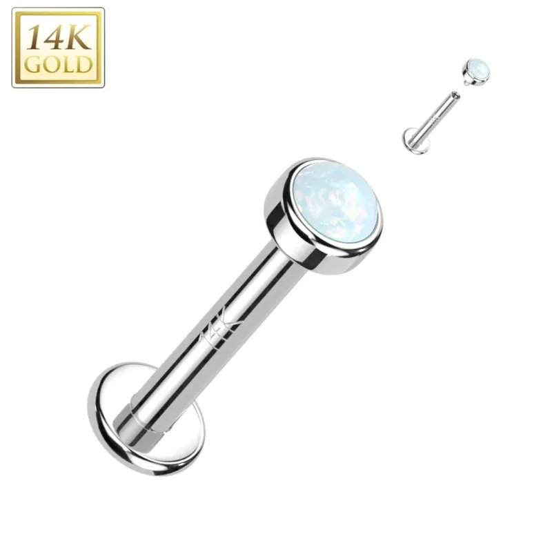 Piercing labret oreille or blanc 14 carats vissage interne opaline