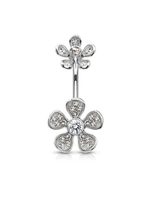 Piercing nombril double fleur micro pavées strass