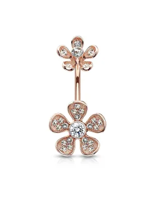 Piercing nombril plaqué or rose double fleur micro pavées strass