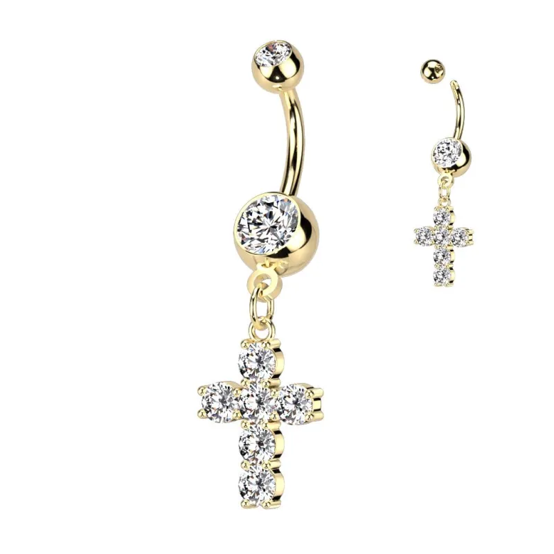 Piercing nombril croix pierres zircon plaqué or