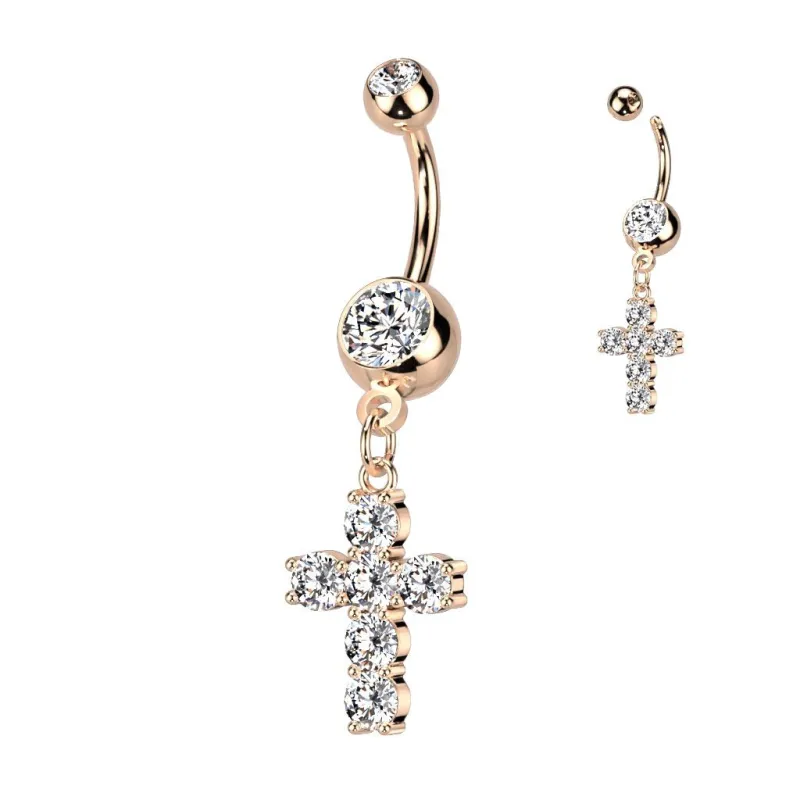 Piercing nombril croix pierres zircon plaqué or rose