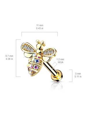 Piercing oreille labret abeille strass plaqué or