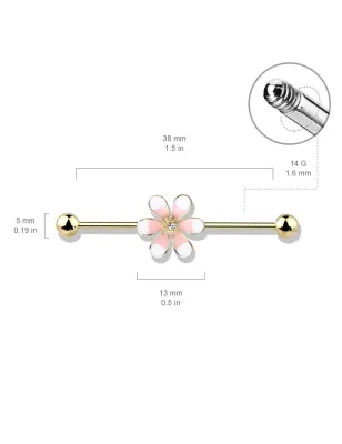 Piercing industriel oreille plaqué or fleur bicolore rose