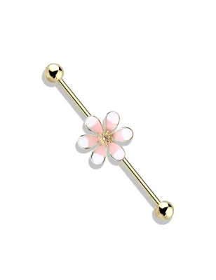 Piercing industriel oreille plaqué or fleur bicolore rose