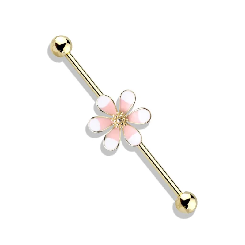 Piercing industriel oreille plaqué or fleur bicolore rose